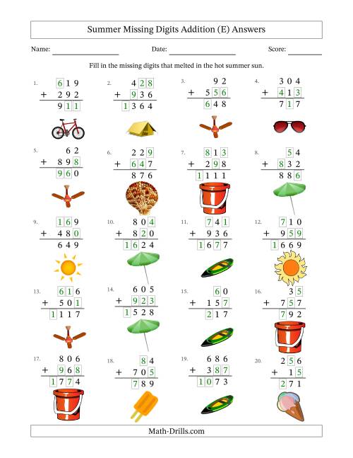 The Summer Missing Digits Addition (Easier Version) (E) Math Worksheet Page 2