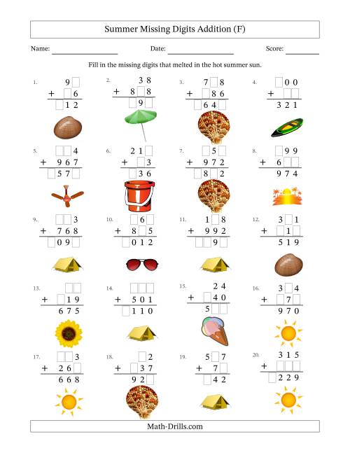 The Summer Missing Digits Addition (Easier Version) (F) Math Worksheet