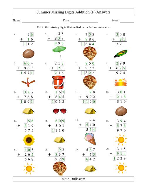 The Summer Missing Digits Addition (Easier Version) (F) Math Worksheet Page 2