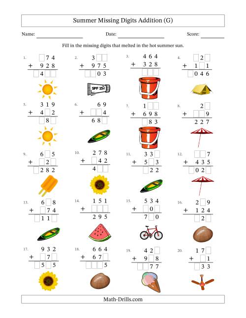 The Summer Missing Digits Addition (Easier Version) (G) Math Worksheet