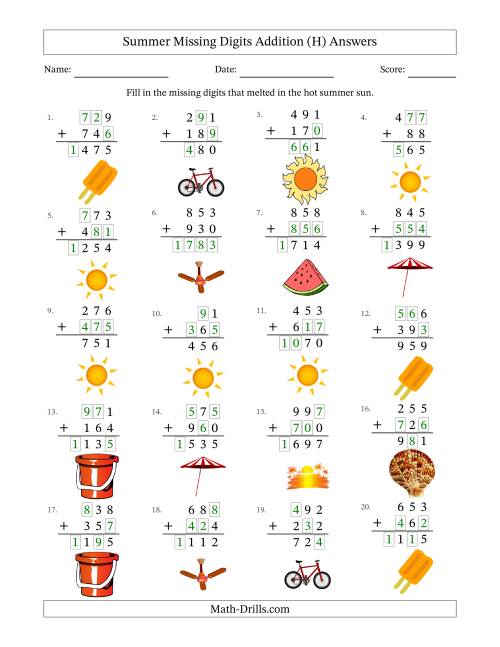 The Summer Missing Digits Addition (Easier Version) (H) Math Worksheet Page 2