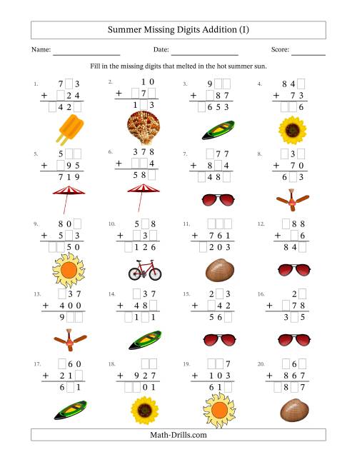 The Summer Missing Digits Addition (Easier Version) (I) Math Worksheet