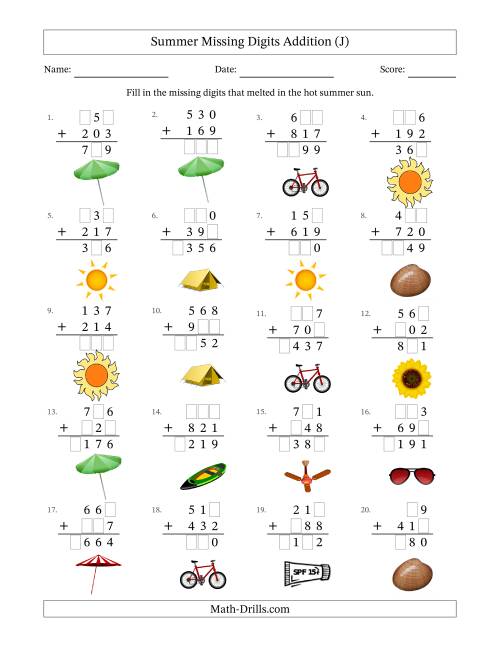 The Summer Missing Digits Addition (Easier Version) (J) Math Worksheet