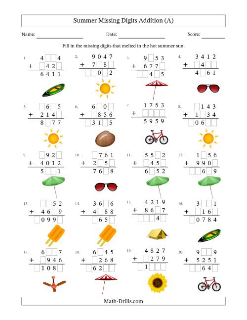 The Summer Missing Digits Addition (Harder Version) (A) Math Worksheet