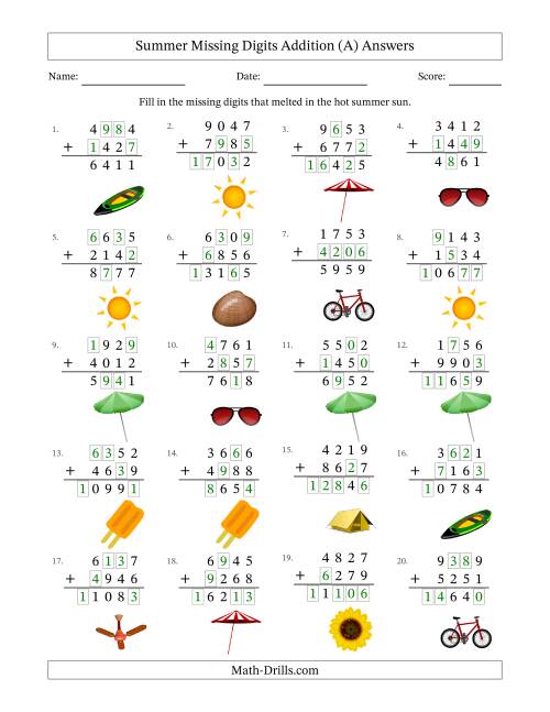 The Summer Missing Digits Addition (Harder Version) (A) Math Worksheet Page 2