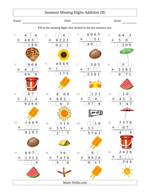 The Summer Missing Digits Addition (Harder Version) (B) Math Worksheet