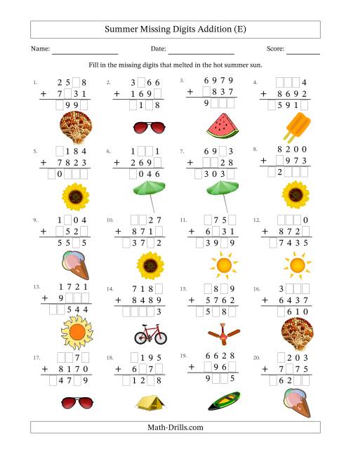 The Summer Missing Digits Addition (Harder Version) (E) Math Worksheet