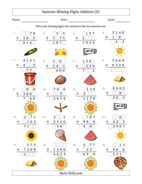 The Summer Missing Digits Addition (Harder Version) (G) Math Worksheet