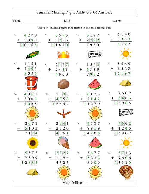 The Summer Missing Digits Addition (Harder Version) (G) Math Worksheet Page 2