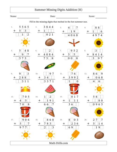 The Summer Missing Digits Addition (Harder Version) (H) Math Worksheet