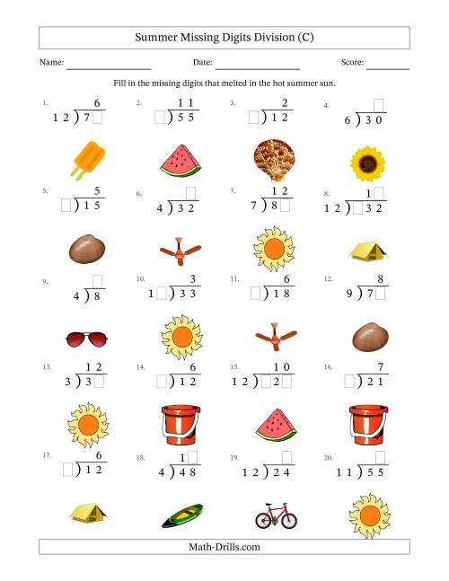 The Summer Missing Digits Division (Easier Version) (C) Math Worksheet