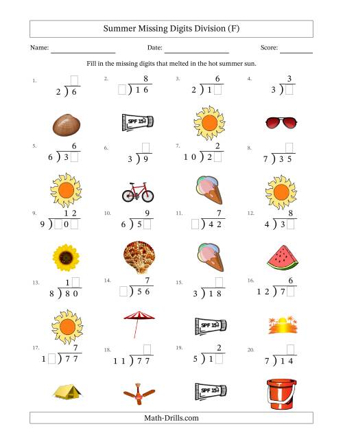 The Summer Missing Digits Division (Easier Version) (F) Math Worksheet