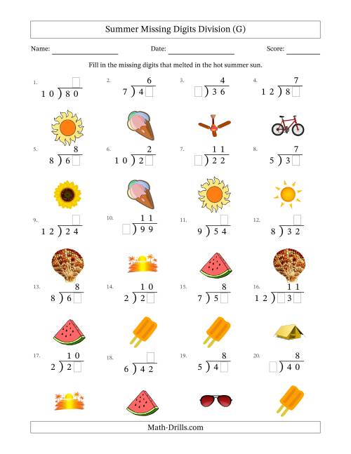 The Summer Missing Digits Division (Easier Version) (G) Math Worksheet