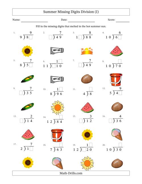 The Summer Missing Digits Division (Easier Version) (I) Math Worksheet