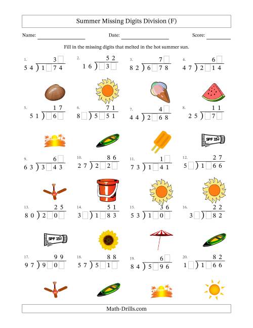 The Summer Missing Digits Division (Harder Version) (F) Math Worksheet