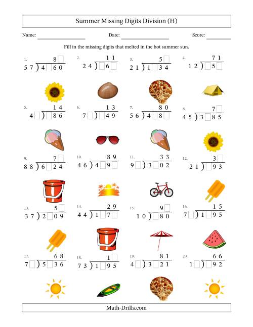 The Summer Missing Digits Division (Harder Version) (H) Math Worksheet
