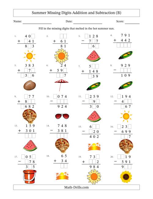 The Summer Missing Digits Addition and Subtraction (Easier Version) (B) Math Worksheet