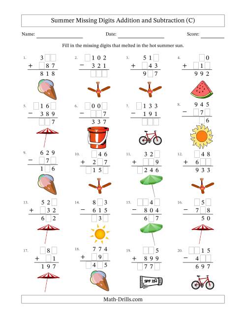 The Summer Missing Digits Addition and Subtraction (Easier Version) (C) Math Worksheet