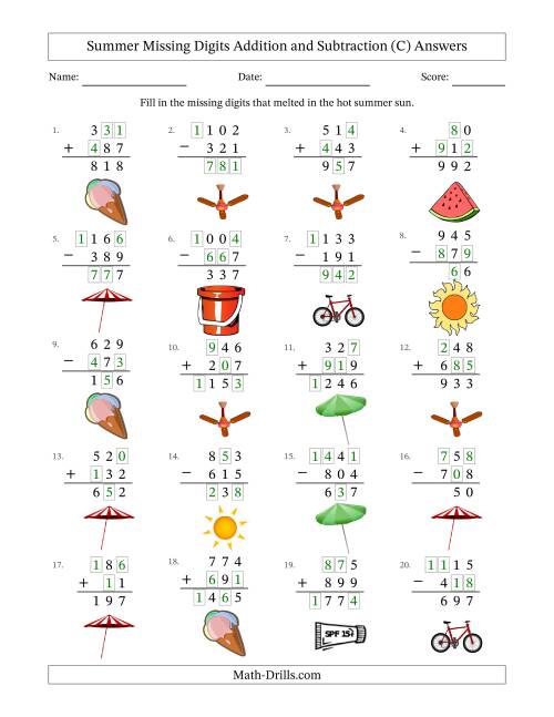The Summer Missing Digits Addition and Subtraction (Easier Version) (C) Math Worksheet Page 2