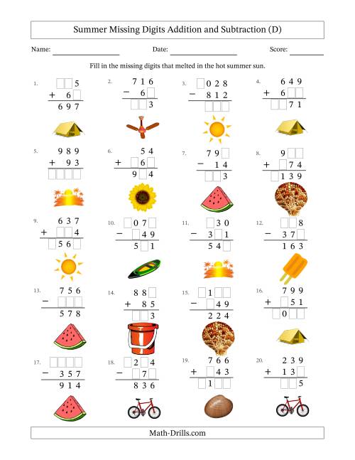 The Summer Missing Digits Addition and Subtraction (Easier Version) (D) Math Worksheet