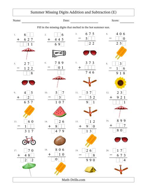The Summer Missing Digits Addition and Subtraction (Easier Version) (E) Math Worksheet