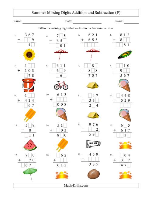 The Summer Missing Digits Addition and Subtraction (Easier Version) (F) Math Worksheet