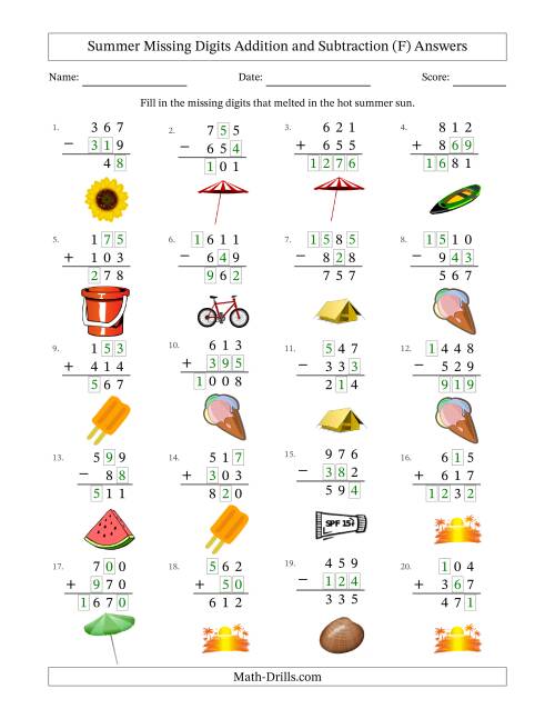 The Summer Missing Digits Addition and Subtraction (Easier Version) (F) Math Worksheet Page 2