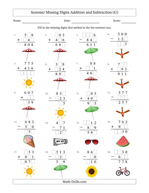 The Summer Missing Digits Addition and Subtraction (Easier Version) (G) Math Worksheet
