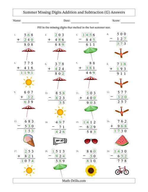 The Summer Missing Digits Addition and Subtraction (Easier Version) (G) Math Worksheet Page 2