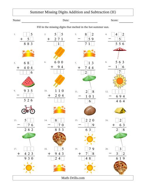 The Summer Missing Digits Addition and Subtraction (Easier Version) (H) Math Worksheet