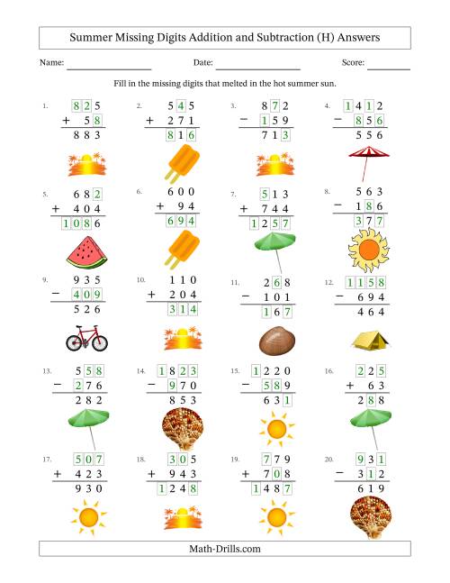 The Summer Missing Digits Addition and Subtraction (Easier Version) (H) Math Worksheet Page 2