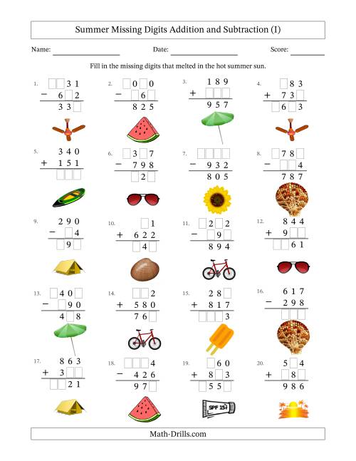 The Summer Missing Digits Addition and Subtraction (Easier Version) (I) Math Worksheet