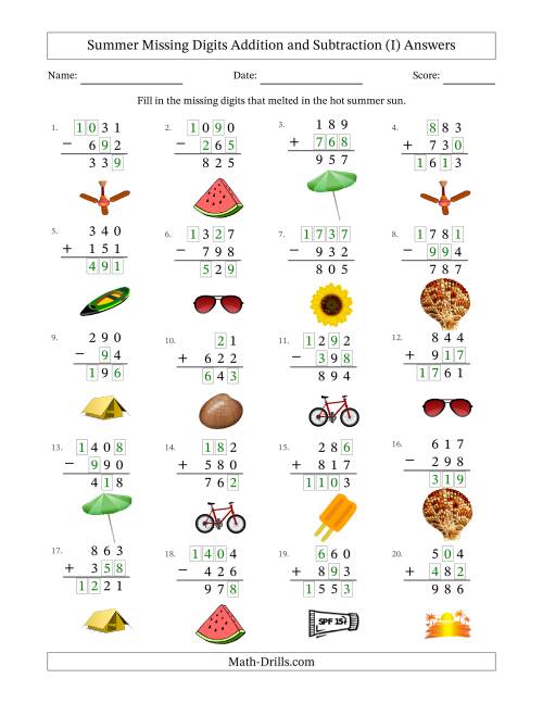 The Summer Missing Digits Addition and Subtraction (Easier Version) (I) Math Worksheet Page 2