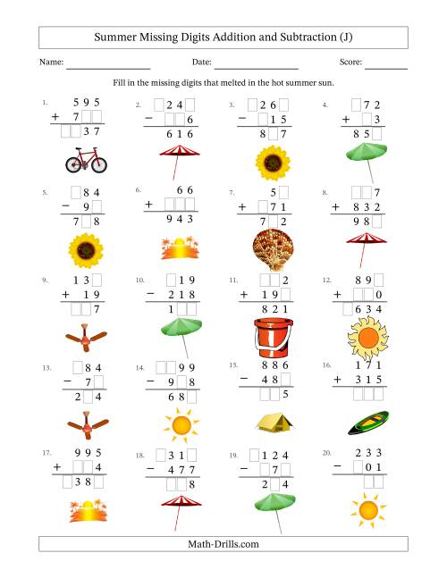 The Summer Missing Digits Addition and Subtraction (Easier Version) (J) Math Worksheet