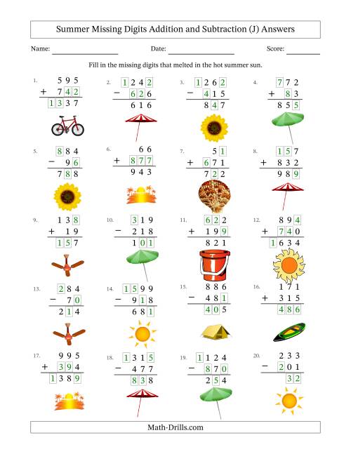 The Summer Missing Digits Addition and Subtraction (Easier Version) (J) Math Worksheet Page 2