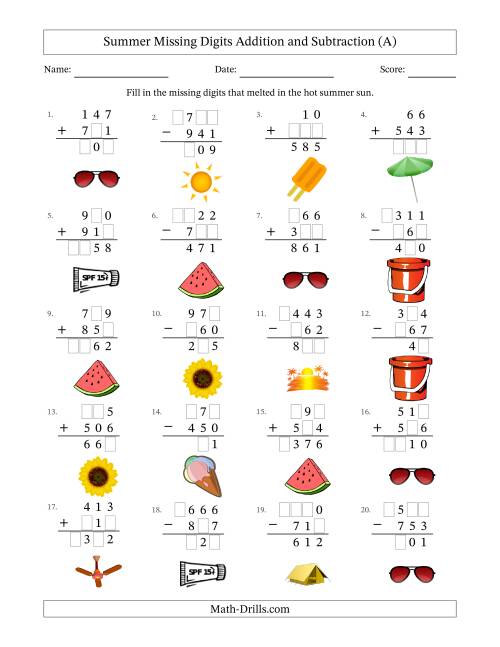 The Summer Missing Digits Addition and Subtraction (Easier Version) (All) Math Worksheet