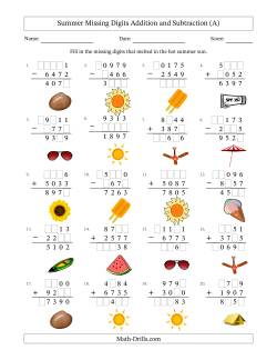 Summer Missing Digits Addition and Subtraction (Harder Version)