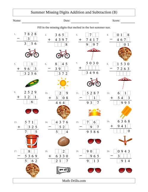 The Summer Missing Digits Addition and Subtraction (Harder Version) (B) Math Worksheet