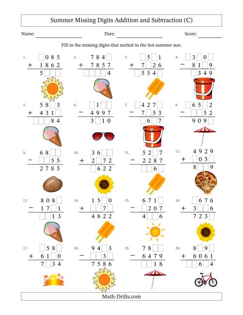 The Summer Missing Digits Addition and Subtraction (Harder Version) (C) Math Worksheet