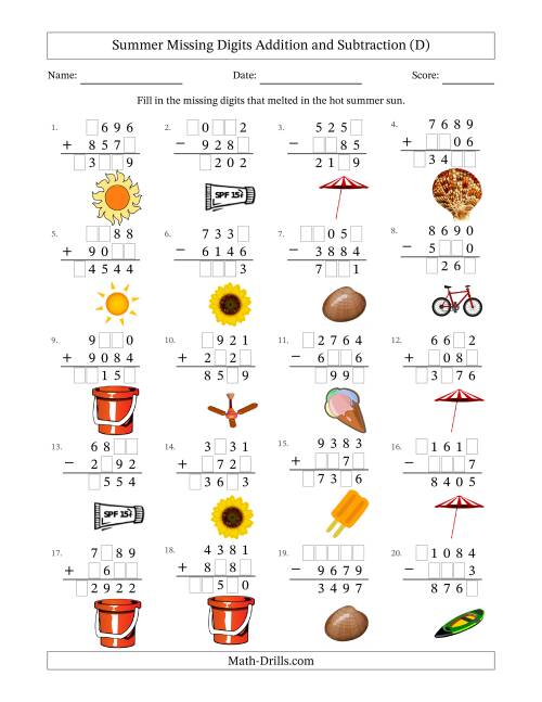 The Summer Missing Digits Addition and Subtraction (Harder Version) (D) Math Worksheet