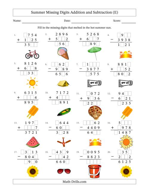 The Summer Missing Digits Addition and Subtraction (Harder Version) (E) Math Worksheet