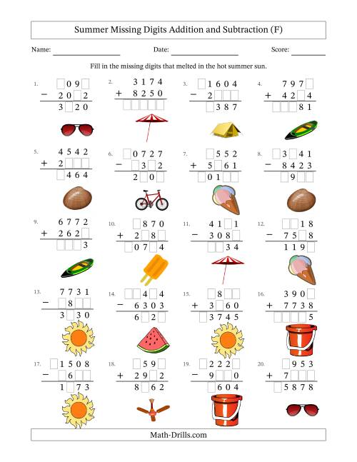 The Summer Missing Digits Addition and Subtraction (Harder Version) (F) Math Worksheet