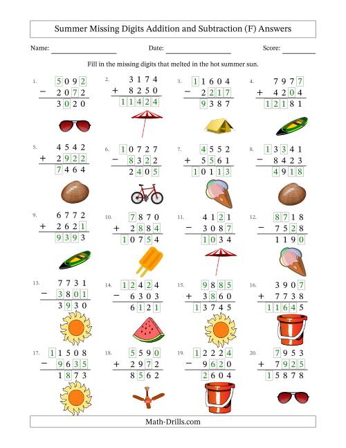 The Summer Missing Digits Addition and Subtraction (Harder Version) (F) Math Worksheet Page 2