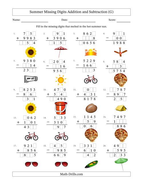 The Summer Missing Digits Addition and Subtraction (Harder Version) (G) Math Worksheet