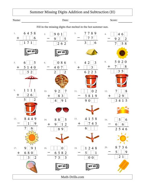 The Summer Missing Digits Addition and Subtraction (Harder Version) (H) Math Worksheet