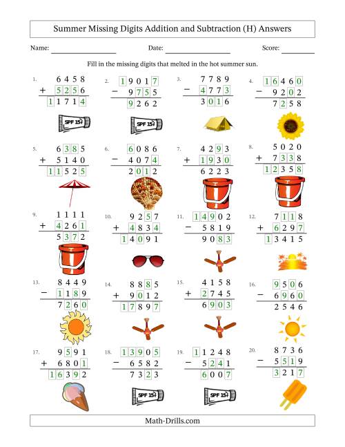 The Summer Missing Digits Addition and Subtraction (Harder Version) (H) Math Worksheet Page 2