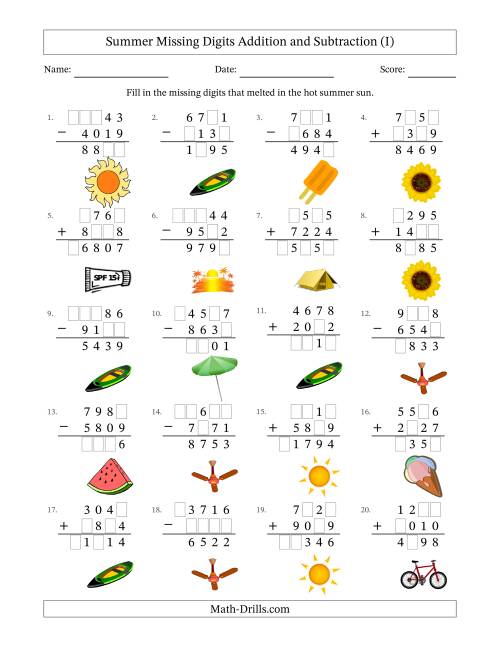 The Summer Missing Digits Addition and Subtraction (Harder Version) (I) Math Worksheet