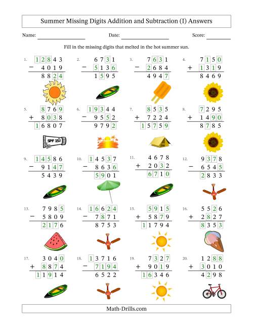 The Summer Missing Digits Addition and Subtraction (Harder Version) (I) Math Worksheet Page 2