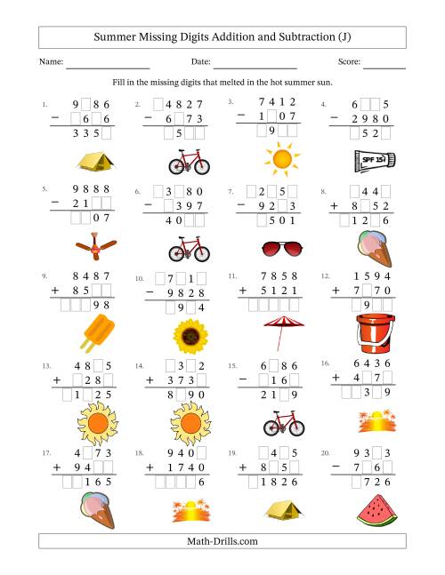 The Summer Missing Digits Addition and Subtraction (Harder Version) (J) Math Worksheet