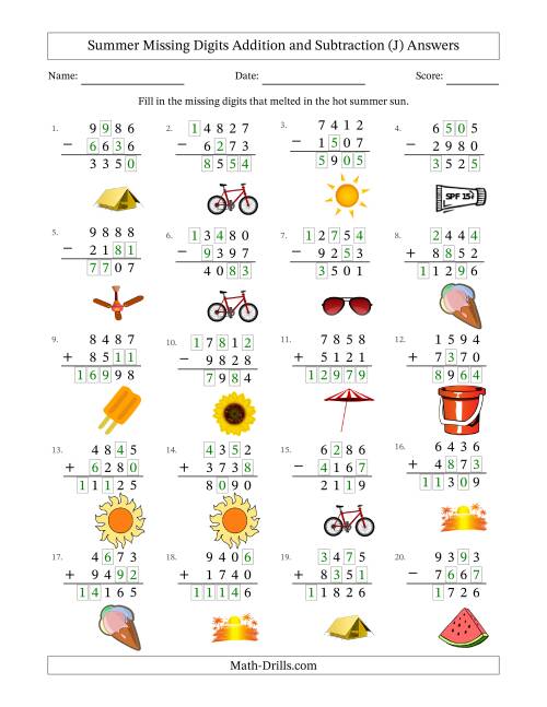 The Summer Missing Digits Addition and Subtraction (Harder Version) (J) Math Worksheet Page 2